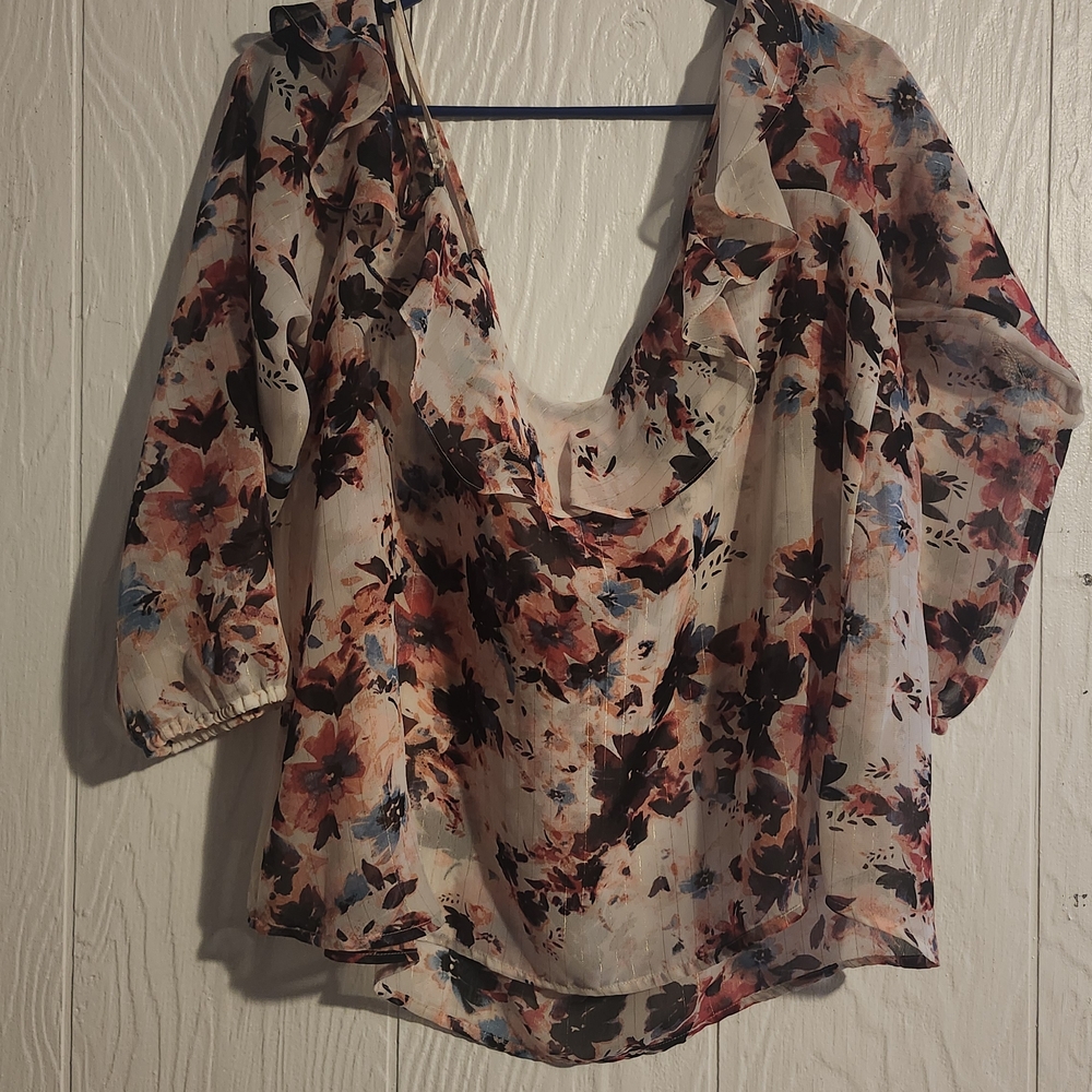 Arizona Jeans Floral Tie-Front Tank Off Shoulder Blouse XL Sheer Boho Top